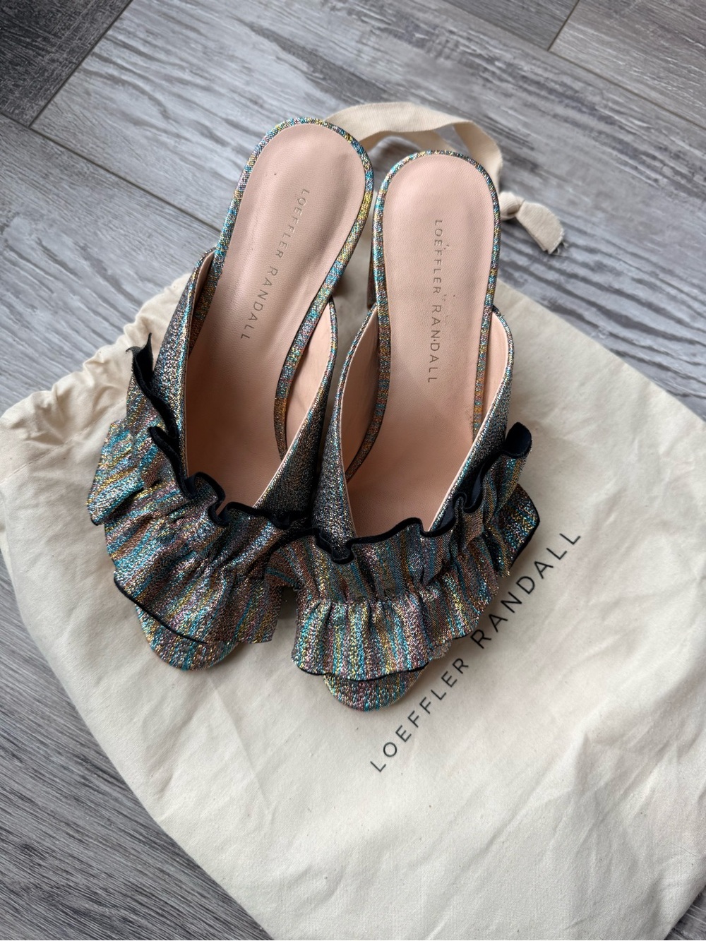 Loeffler Randall Esme Rainbow Lamé Ruffle Block Heel Mules Size 8